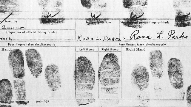 B&W photo of finger print card with Rosa Parks signature