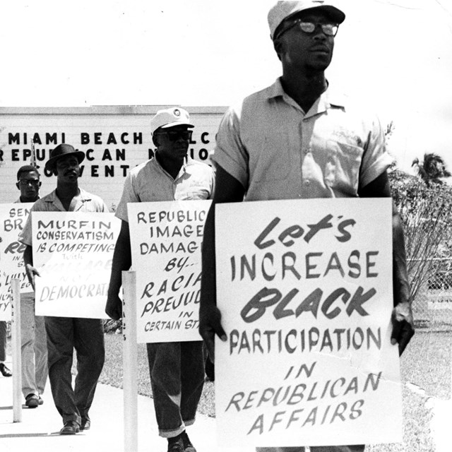 Black and White image of protestors in Miami Beach, FL in 1968 