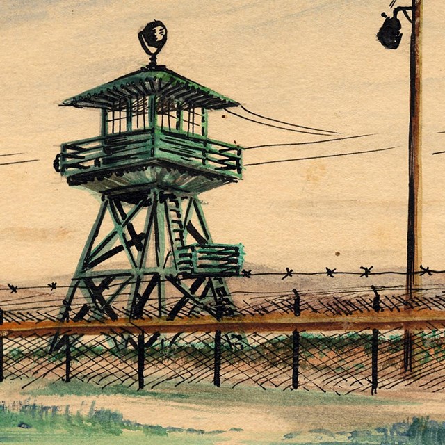 a drawing of a guard tower and barbed wire fence