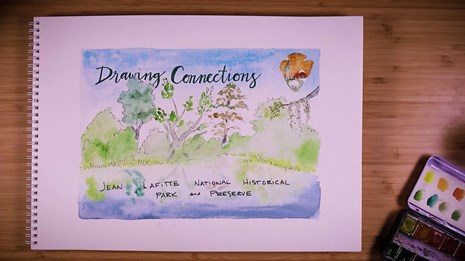 Watercolor painting of a wetlands landscape in Jean Lafitte National Historical Park and Preserve