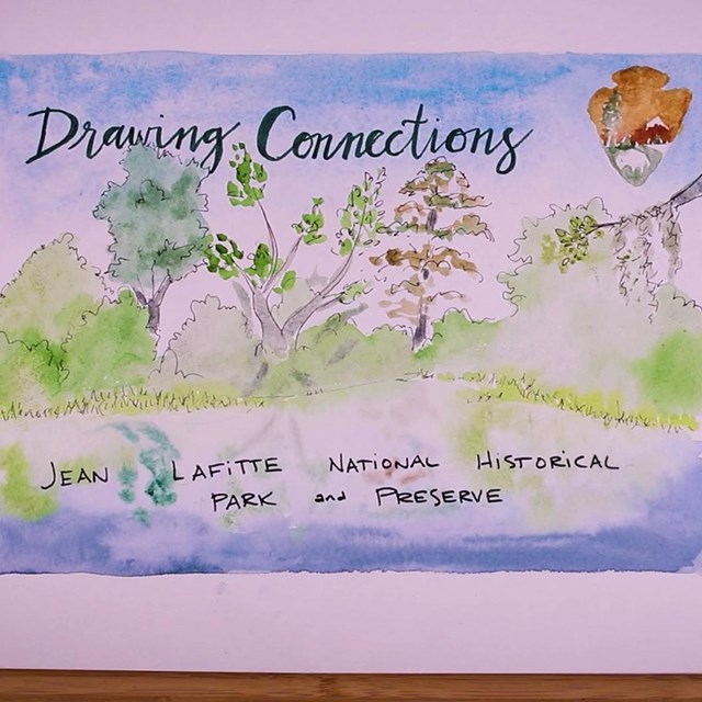 Watercolor painting of a wetlands landscape in Jean Lafitte National Historical Park and Preserve