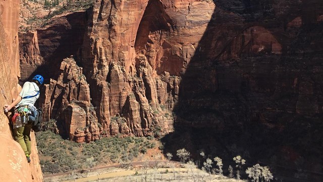 Climber on sandstone high above the Zion Valley Floor.