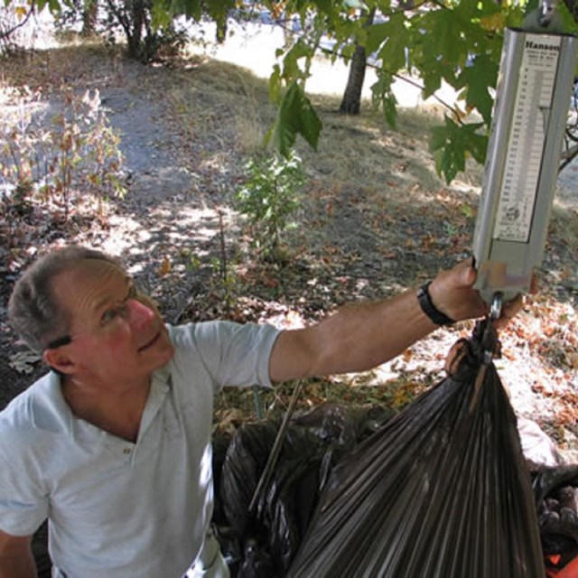 Man weighing a black trash bag, after a trash clean-up in Yosemite.  