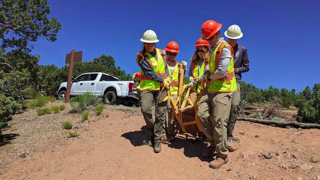young adults in hi-vis vests work together to carry a large boulder down a sandy path