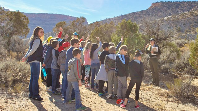 ranger stands before large group of students with hands raised under blue skies