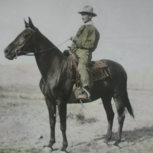 A historic photo of John Otto on his horse.