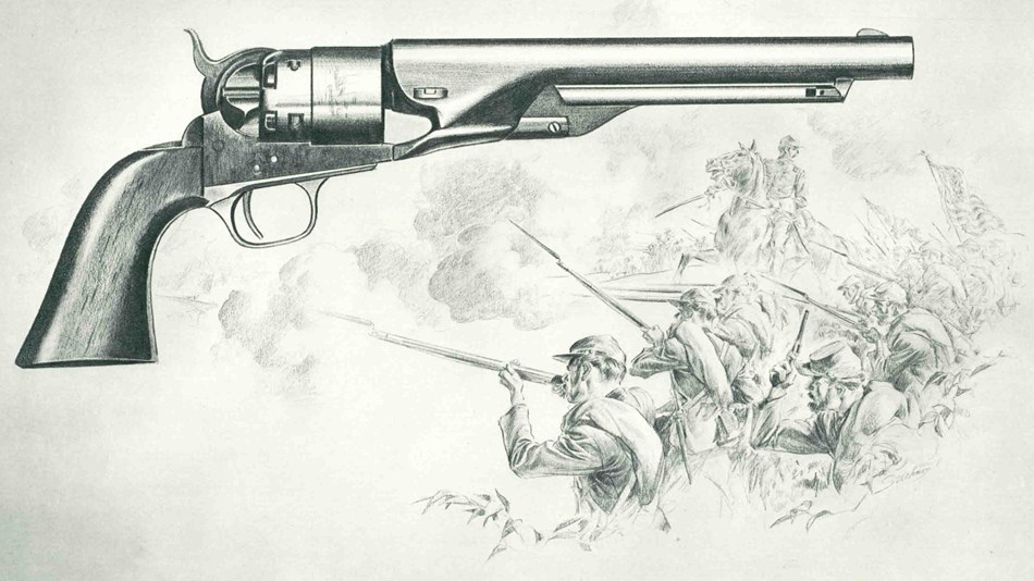 A black and white drawing of a Colt Revolver with soldiers firing firearms in the lower right corner