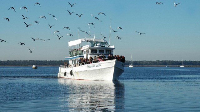 Large boat on water with birds flying in the air