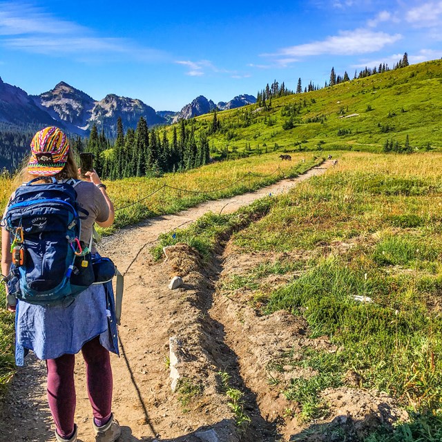 a young woman uses her phone to take a picture of mountain scenery on a trail