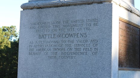 Close-up image of the US Monument at Cowpens National Battlefield