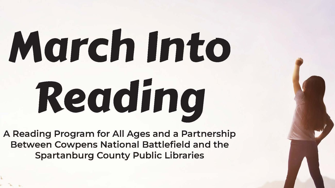 Cover of March Into Reading booklet with child standing on stack of books with arm reaching in sky