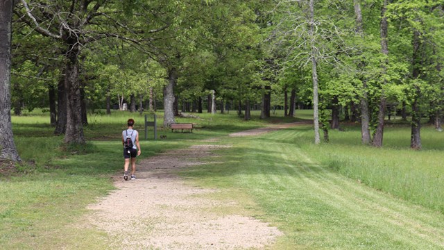 Visitors walks on dirt road. 