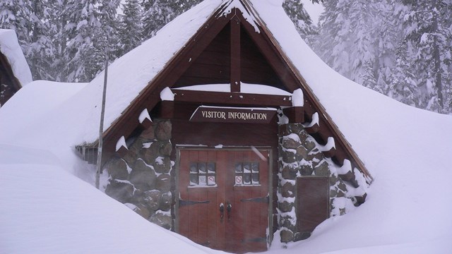 Winter Entrance to Steel Visitor Center shrouded in snow
