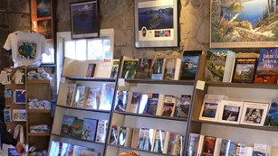shelves of books and merchandise in the Rim Visitor Center