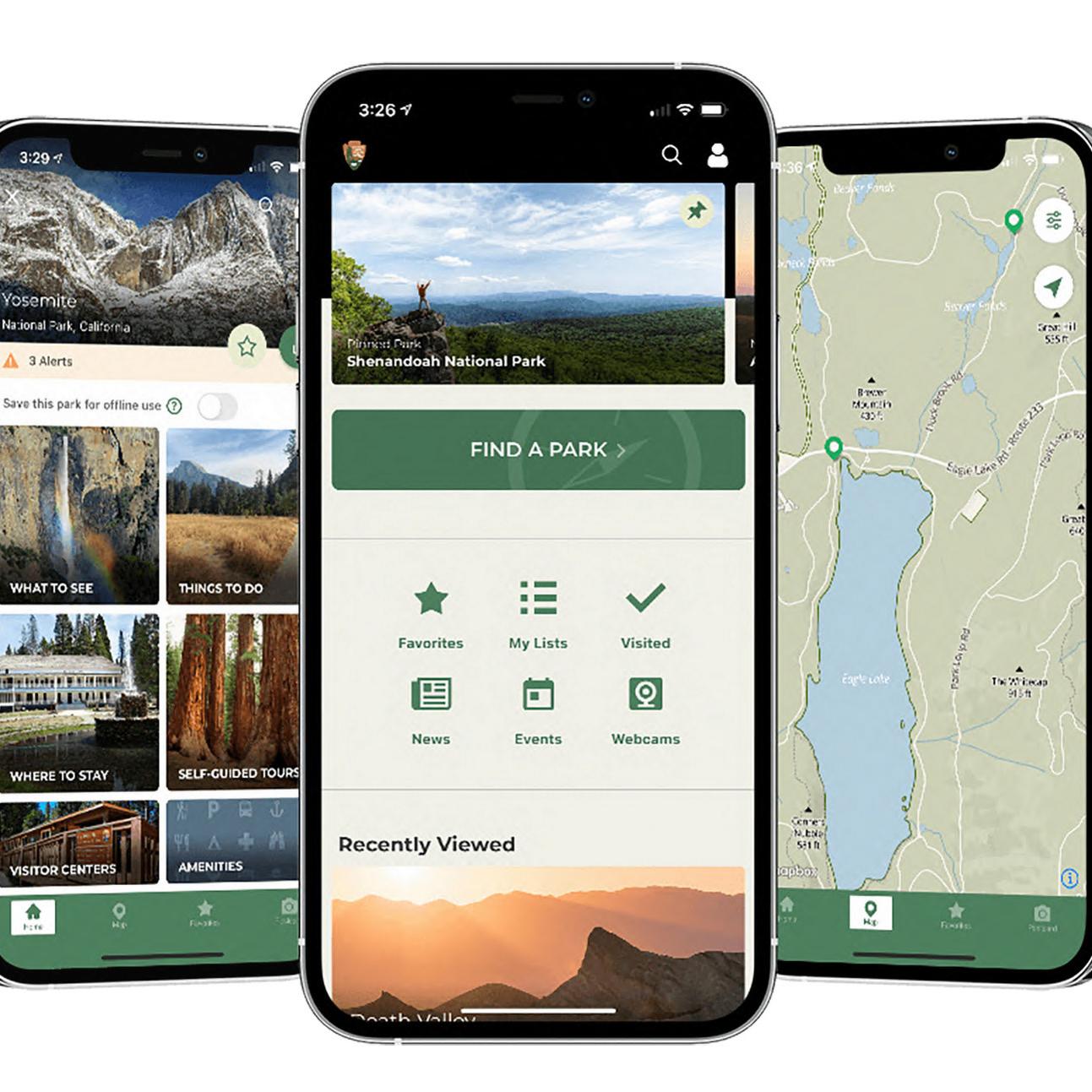 Three different page images of the NPS App are shown on different mobile phones. 
