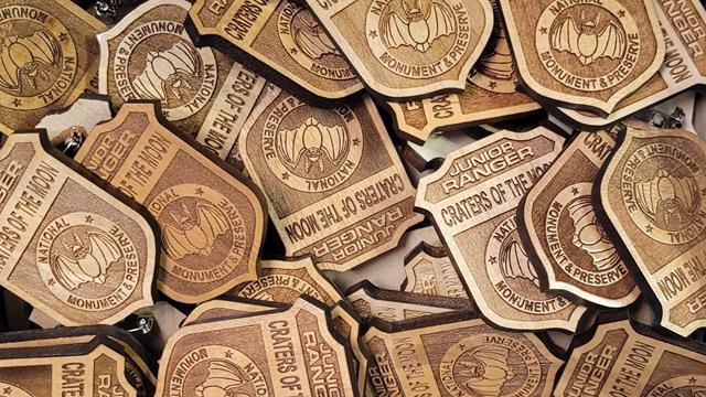wooden badges featuring an image of a bat and the text "junior ranger, craters of the moon"