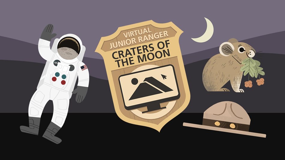 An illustrated image with a golden badge, an astronaut, and a pika.