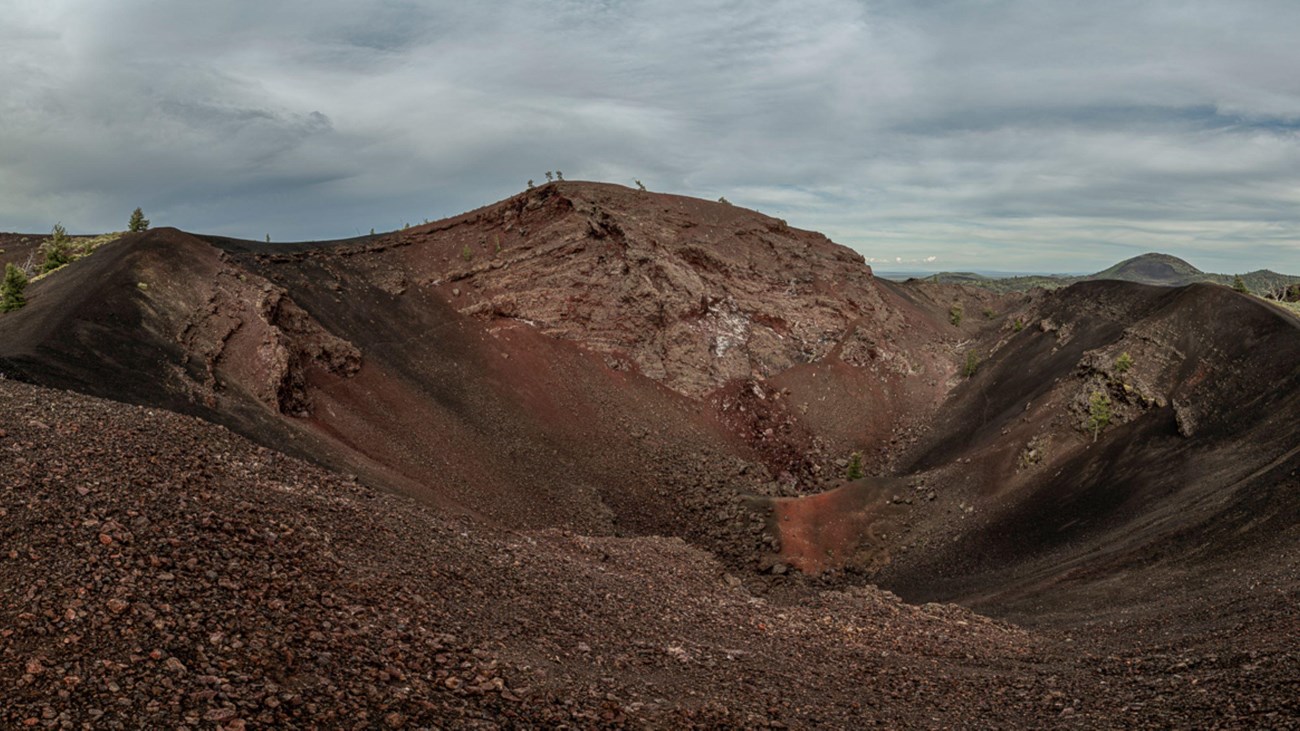 Lava landscape with large crater. 