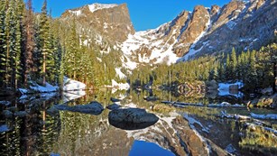 Snow-capped mountain peaks and pine trees also reflected in a clear blue lake