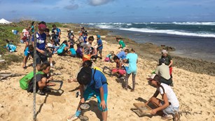 Group of kids sorting sand on the beach