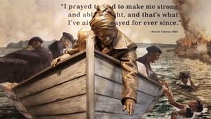 Statue of Harriet Tubman reaching out of a boat to grab people in the water