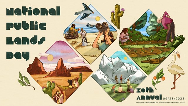 Graphic reading "National Public Lands Day" with text and images related to volunteering in parks