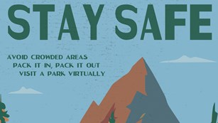 Illustration of a mountain and tree tops that reads