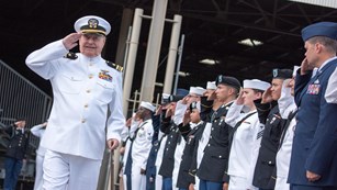 Admiral saluting a row of military