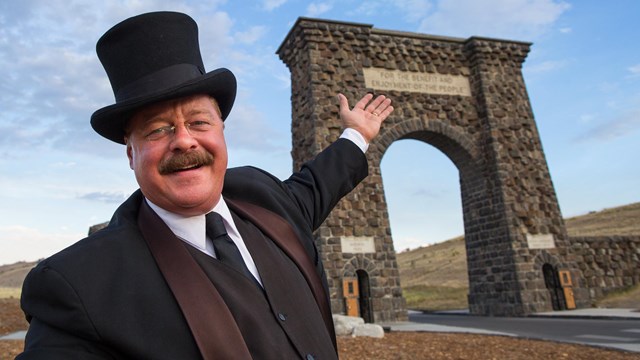 Theodore Roosevelt impersonator near the Roosevelt Arch 