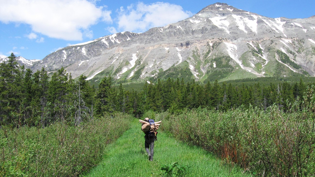 A researcher with a pack full of equipment hikes toward a looming mountain.