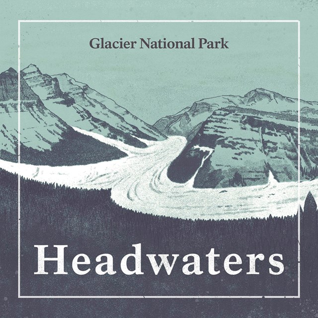 Illustration of a glacier spilling out of mountainous terrain