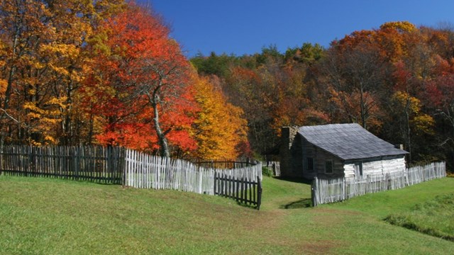 A wooden cabin and fence in a field of grass in front of trees with fall colors.