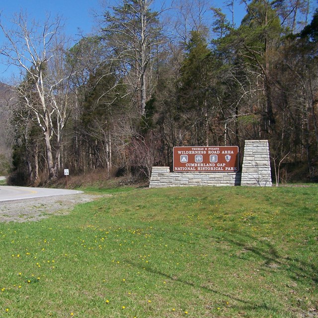 Brown sign along road with a mountain in the background. The sign reads Wilderness Road Area.