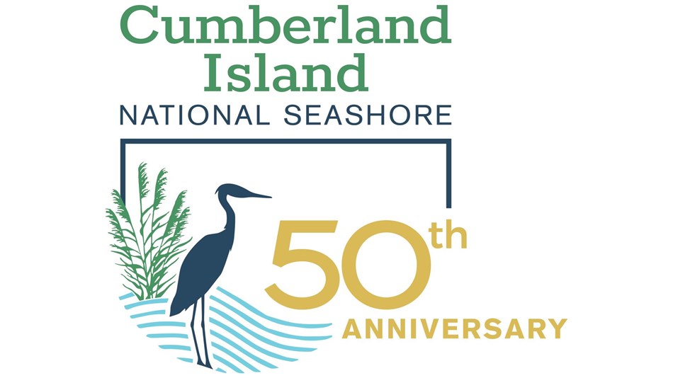  Logo with text: Cumberland Island National Seashore 50th Anniversary. Graphic of a heron, green sea