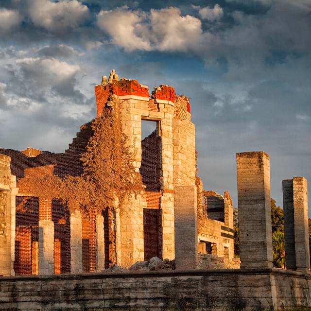 stone and brick ruins of a large mansion