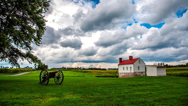 Puffy clouds hang over a red-roofed farm building and a cannon, surrounded by green grass. 