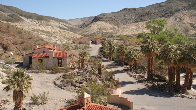 Palm trees and rocks line a driveway in a dry landscape, between structures with terra cotta roofs