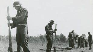 Historic image shows workers in uniform using tools to dig a row of fence posts.