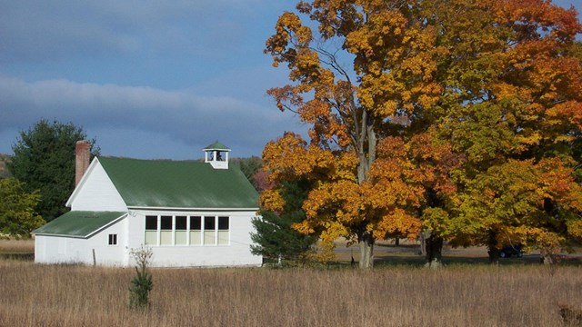 Port Oneida school at the edge of a field, under a tall tree bright with autumn leaves