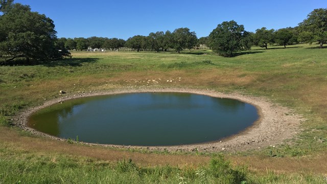 Blue sky reflects in a circular pond surrounded by low grass and rolling fields with scattered trees