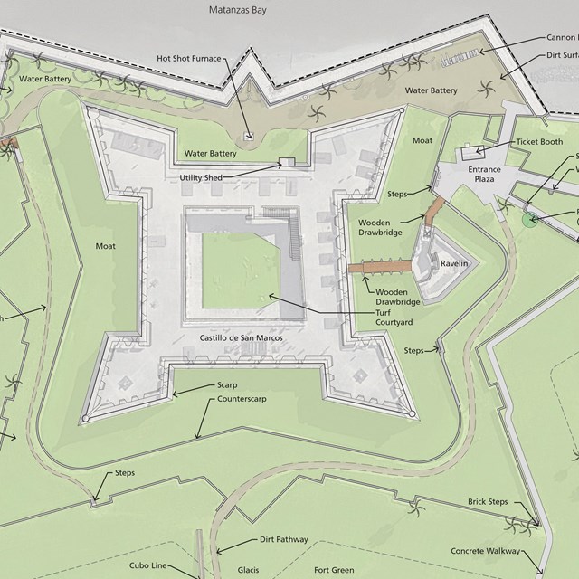 A labeled site plan shows features of Castillo de San Marcos, a four-sided fort with moat