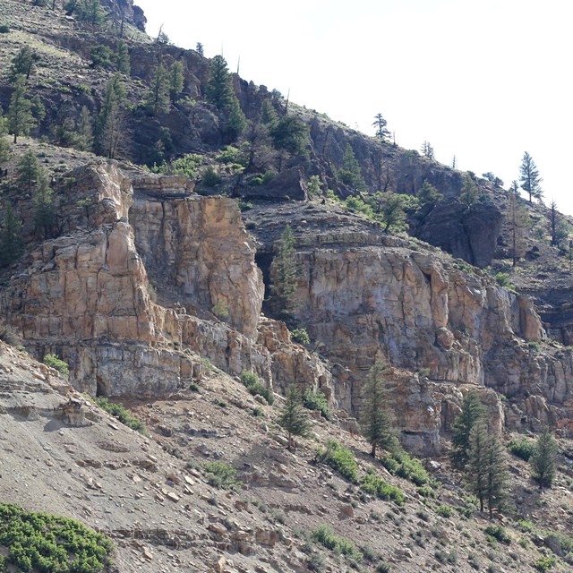 View of a sloping hillside with light brown rock formations and light grey shale slopes
