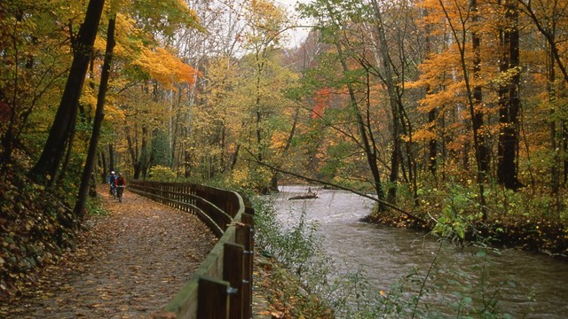 Cyclists ride on a paved trail next to a river, which is lined with trees with orange leaves.