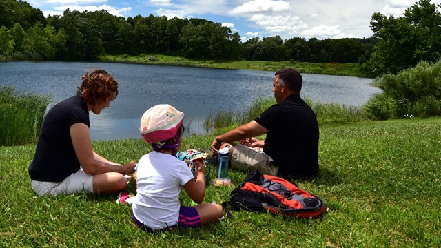 Family on a picnic in the grass by a lake.