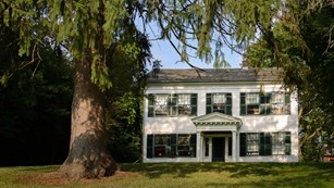 A white, two story house with green shutters, a large tree in the foreground.