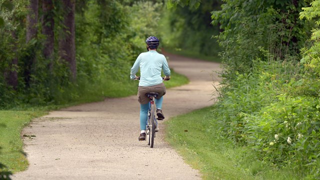 A cyclist rides along a winding gray trail with green plants to the sides.