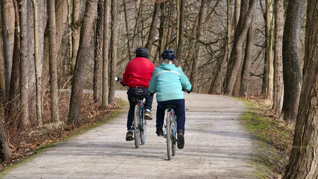 Two bikers in jackets and helmets ride down a wide, gray trail lined with leafless trees.