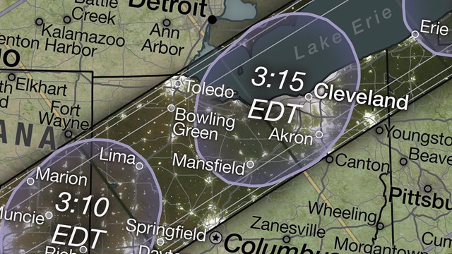 Ohio map with a dark band running lower left to upper right representing the path of the eclipse.