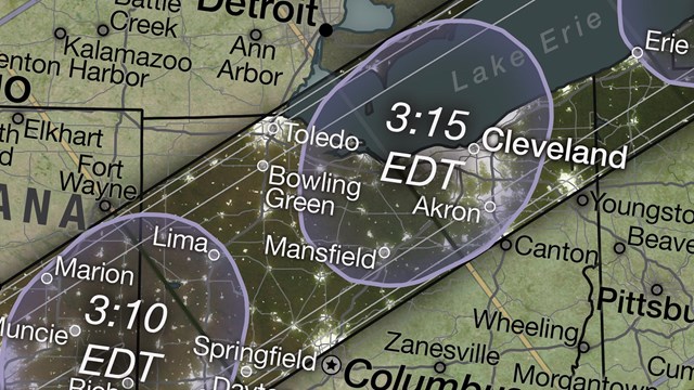 Ohio map with a dark band running lower left to upper right representing the path of the eclipse.