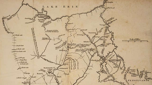 A hand-drawn map shows Lake Erie, the Ohio and other rivers, and Native American villages.